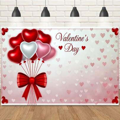 2D平面浪漫情人节涤纶背景布，单件装，饰有心形气球和“情人节”字样 - 非常适合情人节和户外庆祝活动，耐用且无需电源，可用作摄影背景布和情人节装饰。
