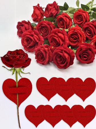 20pcs Heart-Shaped Cutlery Set & Artificial Rose, Felt Heart-Shaped Cutlery Set & Velvet Rose Set, Artificial Flowers, Suitable For Valentine's Day Decoration, Valentine's Day Gifts, Valentine's Day Party, Simple And Romantic Wedding And Celebration Tabletop Decor, Candlelight Dinner Ambiance