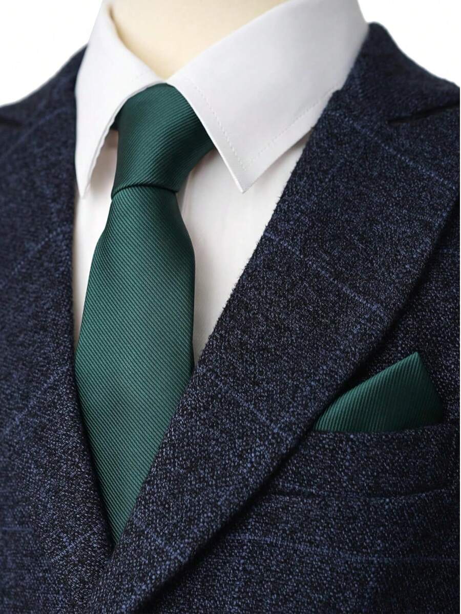 1 Set Dasi dan Sapu Tangan Pria Warna Polos, Cocok untuk Bisnis, Pernikahan, dan Acara Formal, Aksesoris, Festival, Hadiah, Hadiah Wisuda, Aksesoris - Dark Green - View 1
