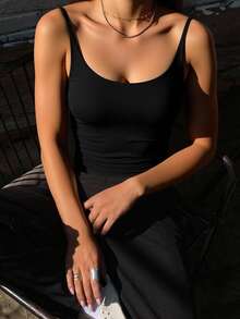 Livesso Damen einfarbiges Camisole Top für den Sommer, Crop Top, Neckholder Top - Schwarz - Übersicht 2