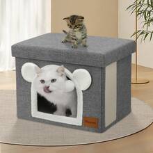 Cama cubierta grande para gatos de interior - Casa cúbica extra ancha para gatos con bola de peluche colgante y almohadilla rascadora, cueva plegable para mascotas como escondite para múltiples gatos - Talla única - gris - Ver 5