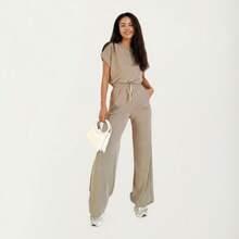 Women's 2-Piece Set Short Sleeve Relaxed Fit Top And Wide Leg Pants With Soft Stretch Fabric And Drawstring Waist - 卡其色 - 查看 3