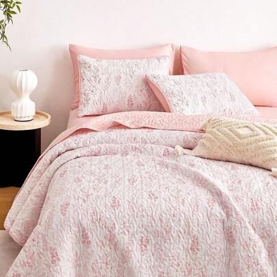 SLAW - Floral Quilt Set Botanical Vintage Flower Coquette Cottagecore For Women Teen Girls Reversible Lightweight Bedspread Coverlet 3 Pieces Light Pink Queen/Full Size