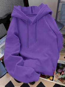 Women's Oversized Cotton Letter Graphic Sweatshirt Sweatshirt, Warm Lining, Drawstring Waist, Casual, Versatile, Suitable For Cold Weather, Autumn/Winter - Purple - View 2