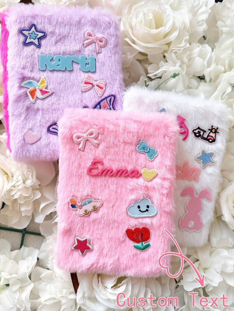 Customized Name Plush Notebook, Personalized Embroidered Patch Notebook, Suitable As Party Gift For Girls, Teenagers, Children's Notebook, Diary Gift, Gift For Daughter - Multicolor - View 1