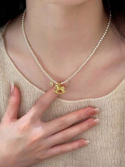 1pc Fashionable Faux Pearl Horse Pendant Necklace, Suitable For Women's Daily Wear
