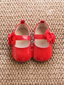 0-1 Year Old Baby Girls Mirrored PU Bow Hook And Loop Design Flat Versatile Princess Shoes, Suitable For Spring/Summer - Red - View 10