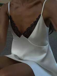 Women New Year Dress Outfits, Beach Wedding Guest Dress – White Lace & Satin Backless Mini Sundress | Vacation Outfits Woman, Coachella Rave, Ibiza Festival, Graduation Party, Strappy V-Neck Elegance, Bridal Shower, Date Night, Casual Chic With Detachable Poncho Party Dress Women's New Year Eve Dress - White - View 4