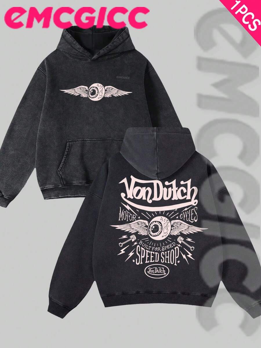 EMCGICC Manfinity Y2k Men Washed Hoodie,Street Outdoor Life Hip-Hop Style Christmas Thanksgiving Gifts Men's Sweatshirt Washed Hoodie - Retro Distressed Washing Process Long Sleeves Regular Fit Street Style Digital Printing Casual Pullover With Kangaroo Pocket Ideal Gift - 黑色 - 查看 1