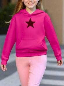 DEVIT - Sudadera negra para niña con capucha y estrella plateada al frente, estilo casual moderno sin jareta, ideal para invierno o uso diario, tela suave tipo french terry - Rosa Fucsia - Ver 4