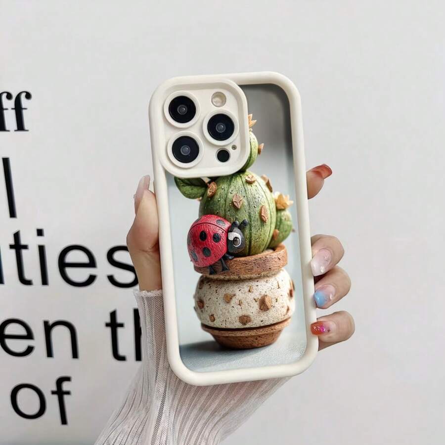 Black Border Phone Case For IPhone 13 Pro Max With Cactus And Red Ladybug Design In Decorative Pot, Ideal For Everyday Use And Device Protection - White - View 1
