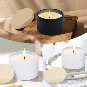 1/3 Juego de tarros de vela con tapa de metal y textura de madera, color blanco, usados para hacer velas aromáticas DIY, cajas de regalo, latas de 4oz/8oz con lados negros, para hacer velas caseras, regalos pequeños perfumados, cajas de regalo para dulces y almacenamiento de pequeños regalos.