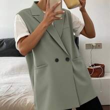 Livesso Solid Color Double-Breasted Sleeveless Blazer With Pockets Business Attire - Green - View 6