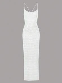 Sexy Knit Cut Out Tassel Spaghetti Strap Bodycon Beach Maxi Dress Summer Women's Holiday Club Party Outfit Swimsuit Cover Up - White - View 6
