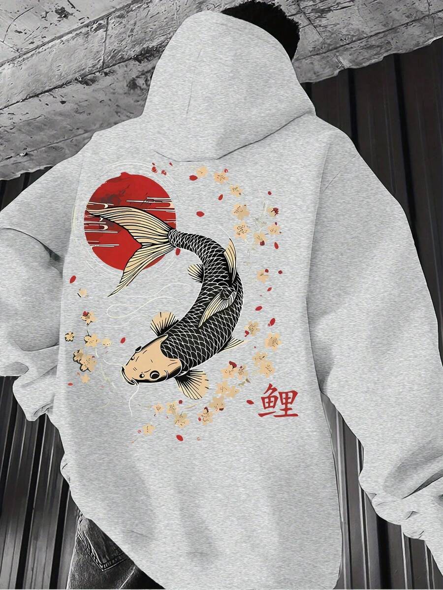 Harajuku Carp Print Fashionable Men's Hoodie Autumn/Winter Casual Fashion Long Sleeve Pullover