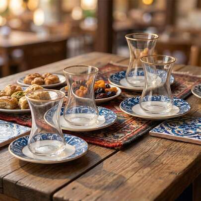 MBB 4pcs Glass Tea Cup & Saucer Set, Transparent Coffee Cup With Gold Rim, Ceramic Saucer, Unique Decal, Suitable For Espresso, Cappuccino, Latte, Tea, Juice, 5oz/140ml; 4pcs Turkish Tea Set, Special Design Transparent Glass Tea Cup & Saucer (8pcs Set), Traditional Slim Waist, 5oz (140ml)