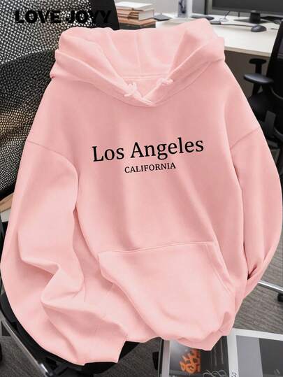 Sudadera casual suelta con estampado de letras para mujer LOVE JOYY, de manga larga con hombros caídos y bolsillo, jersey de moda adecuado para uso diario en otoño/invierno, fiestas y vacaciones, color rosa