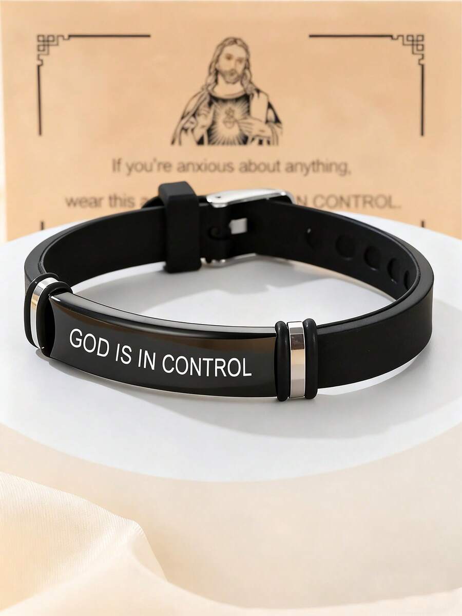 suteyi God Controls Everything 勵志手鍊,可調節矽膠基督教男士手鍊,附勵志卡片,送給他的完美禮物 - 黑色 - 查看 1