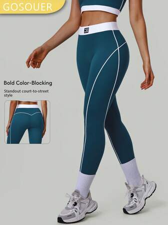 GOSOUER Women Fashion Color Block Waistband Sports Leggings High Stretch Butt Lift Training Running Fitness Workout Women Clothes Yoga Pants