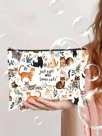 Stylish Vintage Cat Print Makeup Bag - Lightweight Zippered Women'S Makeup Bag, Multifunctional Zippered Bag For Makeup, Pencils, Or Snacks, Ideal Gift For Mothers, Friends, Or Teachers, Perfect Gift For Cat Lovers, Sisters, Students, And Adults.