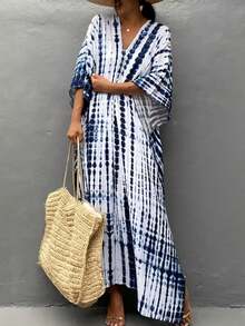 Fashionable Digital Print V-Neck Casual Dress For Women - Blue - View 1