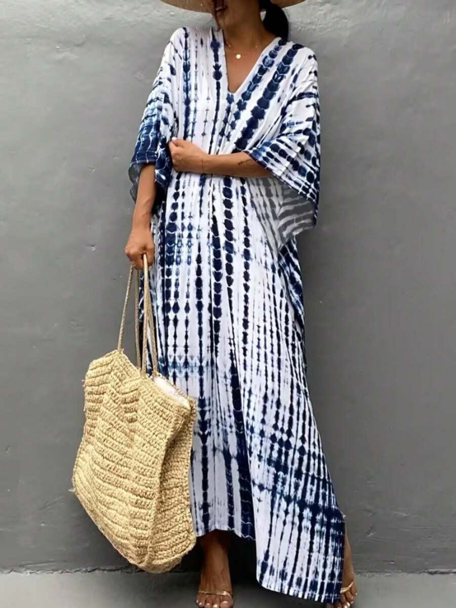 Fashionable Digital Print V-Neck Casual Dress For Women - Blue - View 1