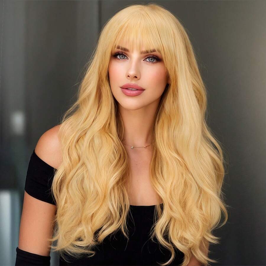 Christmas Costume Wig, Women's Long, Wavy Blonde Wig With Bangs, Fully Synthetic, Suitable For Everyday Wear, Parties, And Holiday Outfits. - Gold - View 1