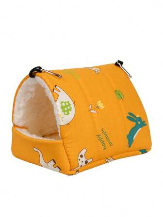 1个卡通印花保暖绒三角睡窝，适用于鹦鹉、仓鼠、龙猫、松鼠等宠物，秋冬季宠物床