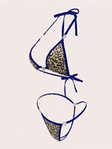 1件套女士性感豹纹内衣套装，三件式设计，蓝色滚边，柔软弹力面料，舒适迷人，大胆狂野风格，情人节及浪漫场合的贴身睡衣 - 藍色 - 查看 4