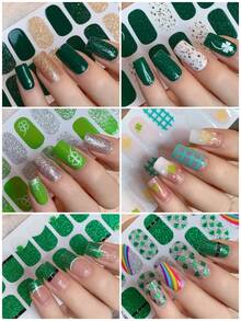 2 Pcs/Set Of St. Patrick's Day Full-Coverage Waterproof Nail Stickers, Such As Four-Leaf Clovers And Green Hats Nail Strips. For Holiday Use And As Gift For Girls Nail Decals Nails Nail Supplies - Multicolor - View 1