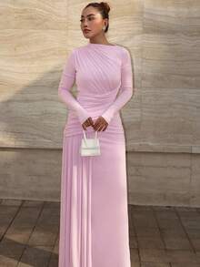 2025 Fall And Winter New Elegant Casual Long-Sleeved Tight Solid Color Long Dress Slim Semi-Turtleneck Pleated Pink Sweet Long-Sleeved Formal Dress - 粉色 - 查看 2