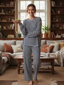 Women's Fall Pants Set Stylish Striped Crew Neck Long Sleeve Tops And Straight Leg Pants 2 Pcs Set - Màu xanh lam - Xem 3