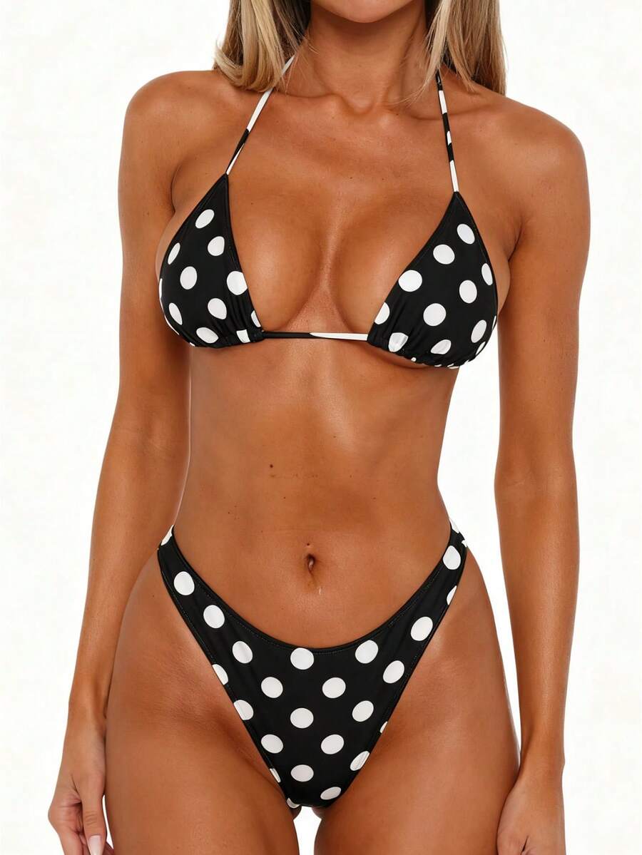 Women Polka Dot Triangle Bikini Sets Halter String Triangle High Cut Cheeky 2 Piece Bathing Beachwear - Black - View 1