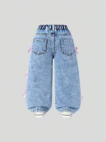 Baby GirlJeans, New Arrival, Y2K Fashion Cute Sweet Pink Bow Decor Wide Leg Jeans, Comfortable & Versatile, Suitable For Daily Outings - Light Wash - View 2
