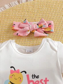 Bộ 3 món đồ liền thân in hình ong mùa hè cho bé gái + Băng đô nơ + Váy dây chéo họa tiết ong, Bộ quần áo nhiều lớp dễ thương và ngọt ngào cho bé gái - Hồng - Xem 3