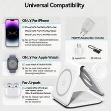 Cargador inalámbrico magnético 3 en 1 de carga rápida flexible para viajes, compatible con dispositivos Apple, compatible con iPhone 16/15/14/13/12 - Blanco - Ver 4