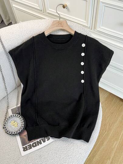 เสื้อกั๊กถักแขนกุดสีพื้นคอกลมสำหรับผู้หญิง พร้อมกระดุมหลอก - ระบายอากาศได้ดี สวมใส่สบาย เหมาะสำหรับฤดูใบไม้ผลิและฤดูร้อน