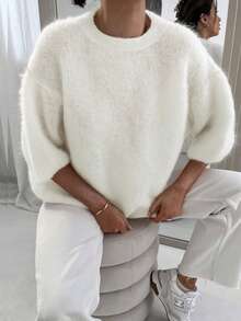 Old Money Style ,Retro, Dignified, Simple And Elegant All-White Crewneck 7-Quarter Sleeve Mohair Sweater For Women's Outerwear In Autumn - Beige - View 9