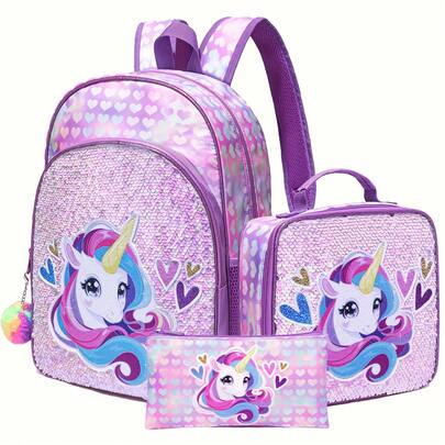 3pcs Unicorn Backpack, Lunch Bag, Pencil Case Three-Piece Set, Durable Material, Lightweight, Large Capacity, Multi-Pocket, School And Travel Homecoming Gift, Friend Gift, Homecoming, School, Outdoor, Sports, Shopping Center