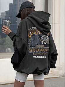 女士秋冬新款极简复古机械字母汽车印花休闲卫衣，时尚百搭 - 黑色 - 查看 2