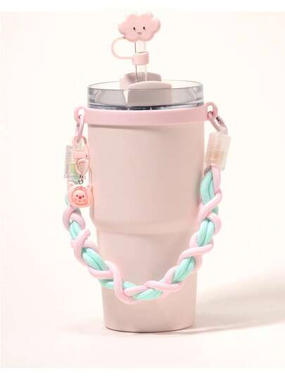 4Pcs Pink Cue Straw Cover+Handle Chain+Small Pendant+Cup Ring For Cup 40 30oz Tumbler, 10mm Reusable Cute Drinking Straw Topper Accessories, Portable Protector Plugs Decorations Gifts For Party Cute Cartoon Straw Dust Cover, Compatible With Stanley Cup Accessories