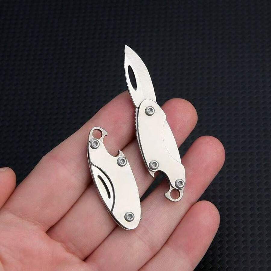 Olive Shape Stainless Steel Folding Knife - Compact Multi-Function EDC Tool With Bottle Opener, Keychain Attachment And Sharp