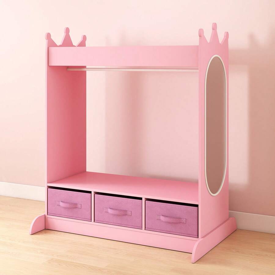 JOYLDIAS Kids Pink Dress Up Storage Armoire - Wardrobe With Mirror, Drawers & Top Shelf - Pink - View 1