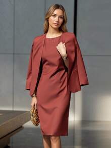 Women's Suit Dress Set, Elegant Minimalist Fashion Business Casual Mid-Length Dress & Blazer Two Pieces Suit - Brick Red - View 7