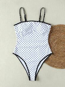 黑白波点蕾丝边连体泳衣，复古性感度假泳衣，2026春夏款