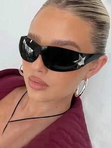 1pcY2K Wraparound Style Fashion Glasses, Millennium Future Style, European And American Glasses, Integrated Personalized Glasses Preppy Style For Back To School Wrap Shape Star Decor - màu đen - Xem 4