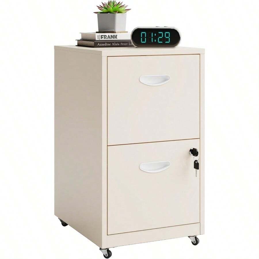 2 Drawer File Cabinet On Wheels, Mobile Two Drawer Filing Cabinet, Small Rolling Files Cabinets For Under Desk, Metal Filing Cabinets For Letter Size Folders, - Cream - View 1