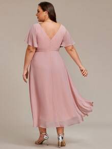 Đầm dự tiệc cưới/đầm phù dâu dáng chữ A dài ngang gối bằng chiffon, cổ chữ V kép, tay bồng, cỡ lớn dành cho nữ, thích hợp cho mùa xuân. - Bụi hồng - Xem 3