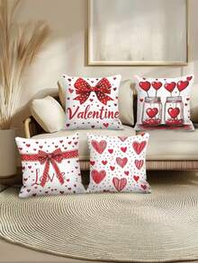 情人节四件套抱枕套 - 17.7x17.7 英寸，浪漫心形蝴蝶结设计，红白装饰抱枕套，适用于家居、办公室和客厅（不含枕芯），浪漫家居装饰|心形图案设计|拉链封口 - 紅白色 - 查看 6