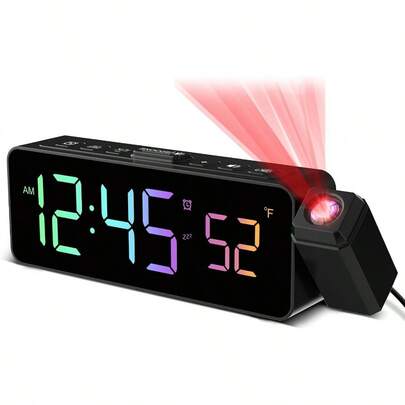 HAWTProjection Alarm Clock For Bedroom Ceiling Small Compact Plug-In Digital Clocks With 180° Rotatable Projector Temperature 4 Levels Birghtness 3 Volumes And Snooze RGB
